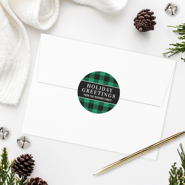 Holiday Greetings Green and Black Buffalo Plaid Classic Round Sticker (Creator Uploaded)