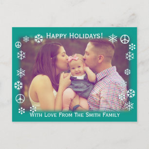 Holiday Greetings Green with snow and peace signs Postcard