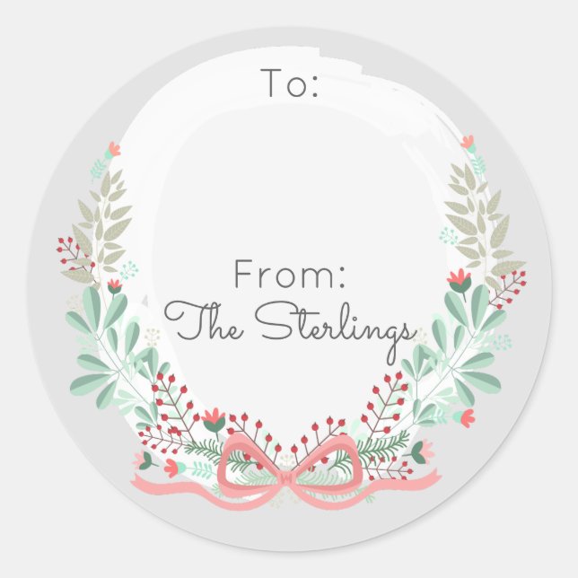 Holiday Greetings Modern Floral Wreath To & From Classic Round Sticker (Front)