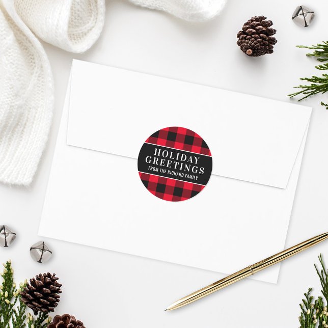 Holiday Greetings Red and Black Buffalo Plaid Classic Round Sticker (Creator Uploaded)