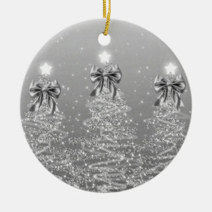 Holiday Greetings Silver Christmas Trees w/ Bows Ceramic Tree Decoration