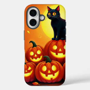 Holiday Halloween art with cat and full moon iPhone 16 Case