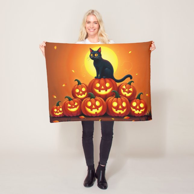 Holiday Halloween art with cat and full moon Fleece Blanket (In Situ)