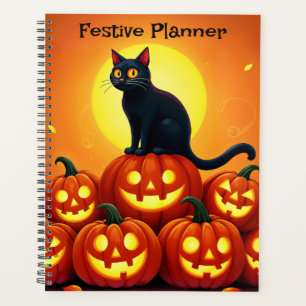 Holiday Halloween art with cat and full moon Planner