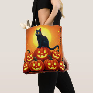 Holiday Halloween art with cat and full moon Tote Bag