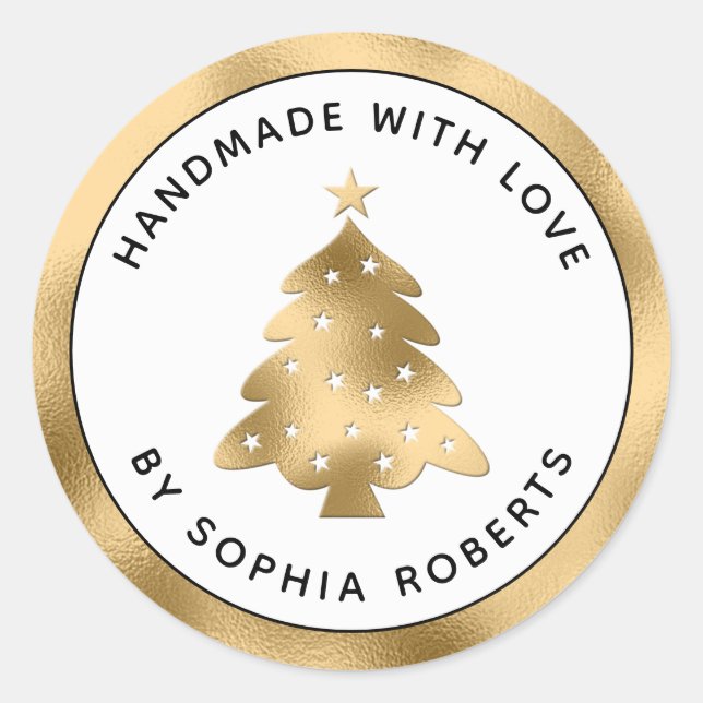 Holiday Handmade with Love Holly and Gold Marble C Classic Round Sticker (Front)