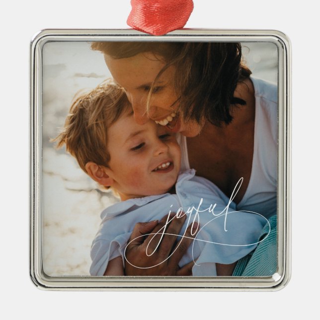 Holiday Handwritting Joyful Minimalist Photo Metal Tree Decoration (Front)