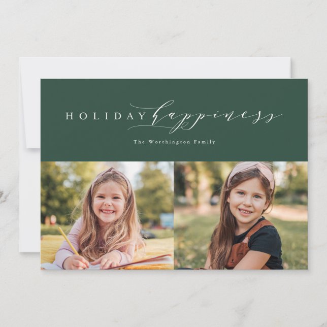 Holiday happiness elegant green two-photo card (Front)