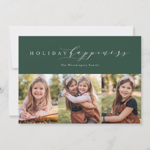 Holiday happiness green three photo card