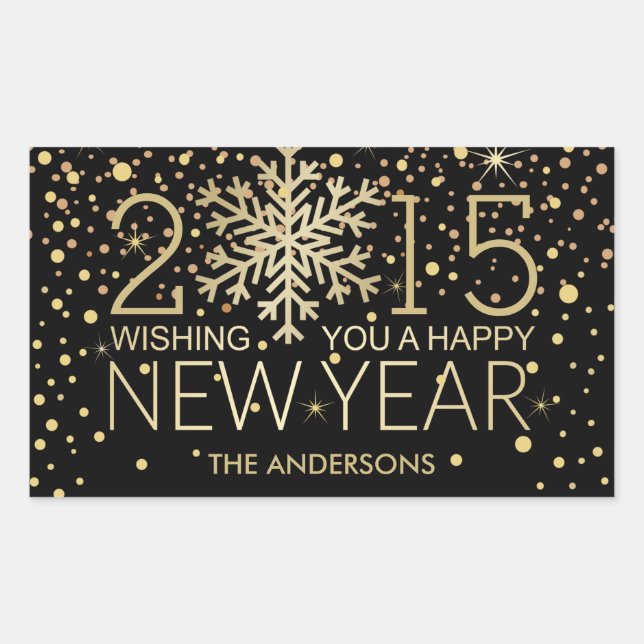 Holiday Happy New Year Snowflake Gold Confetti Rectangular Sticker (Front)
