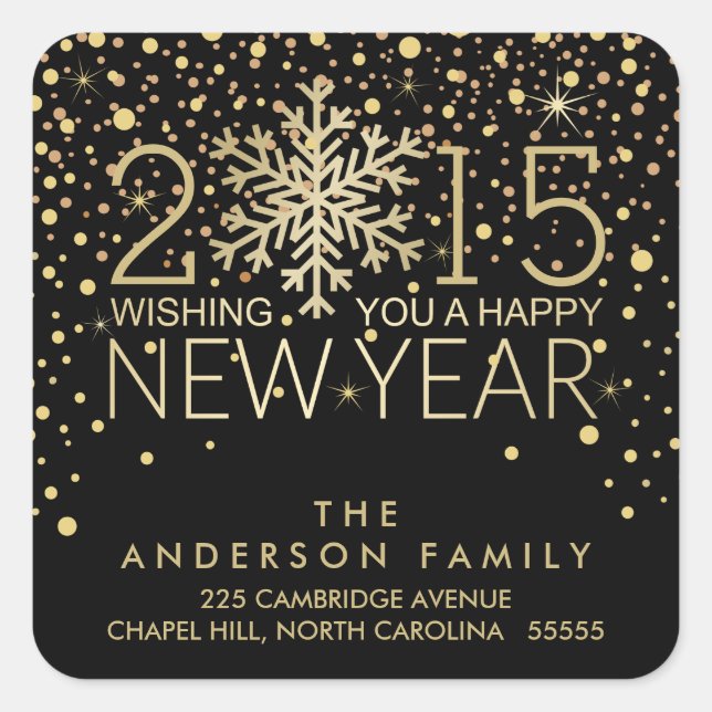 Holiday Happy New Year Snowflake Gold Confetti Square Sticker (Front)