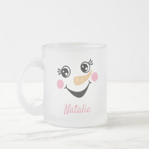 Holiday Happy Snowman Face Monogram Frosted Glass Coffee Mug