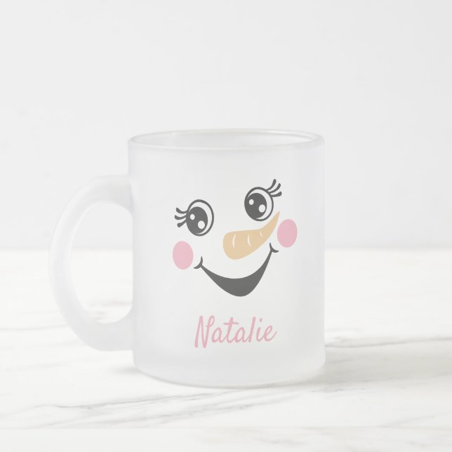 Holiday Happy Snowman Face Monogram Frosted Glass Coffee Mug (Left)