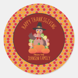 Holiday Happy Thanksgiving Turkey Family Name Classic Round Sticker