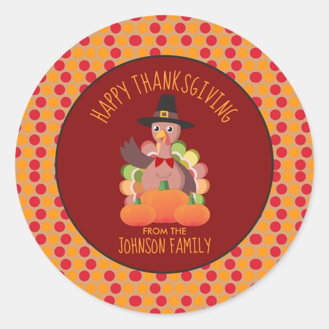 Holiday Happy Thanksgiving Turkey Family Name Classic Round Sticker (Front)