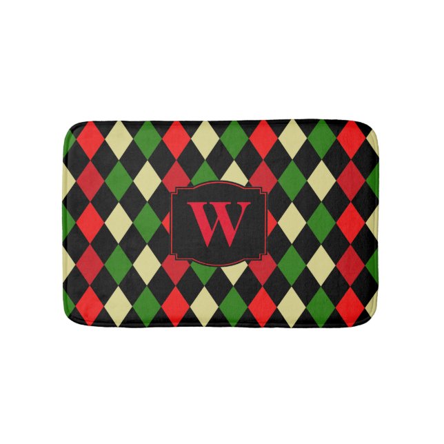 Holiday Harlequin Geometric Pattern Monogrammed Bath Mat (Front)