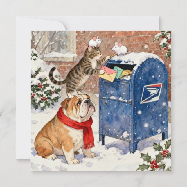 Holiday Helpers Animals at Mailbox Christmas Card (Front)