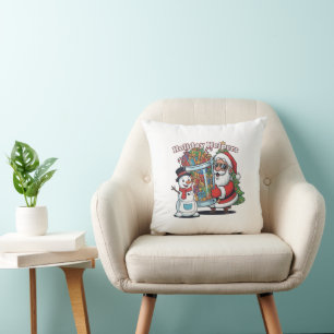 "Holiday Helpers" Cool Santa & Snowman Christmas Cushion