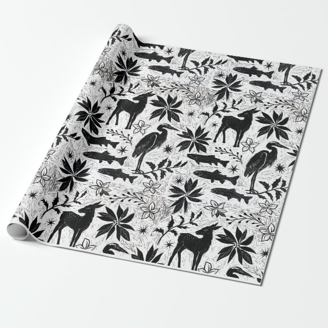 Holiday Heron and Deer Wrapping Paper (Unrolled)
