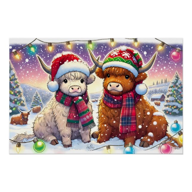 Holiday Highland Cows in Winter Wonderland Manga Poster (Front)