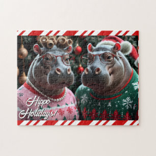Holiday Hippo Couple in Christmas Sweaters Jigsaw Puzzle