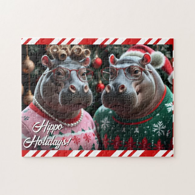 Holiday Hippo Couple in Christmas Sweaters Jigsaw Puzzle (Horizontal)