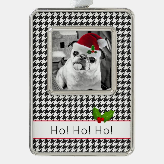 Holiday HO HO HO Photo Name Holly Festive Pet Silver Plated Framed Ornament (Front)