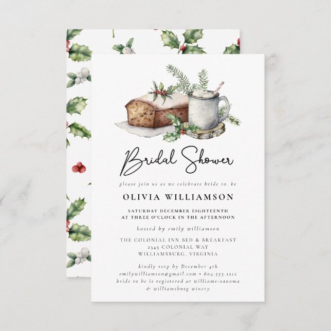 Holiday Holly and Pine Bridal Shower Invitation  (Front/Back)
