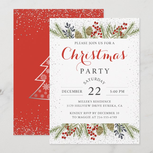 Holiday Holly Berries Snow Christmas Party Invitation (Front/Back)