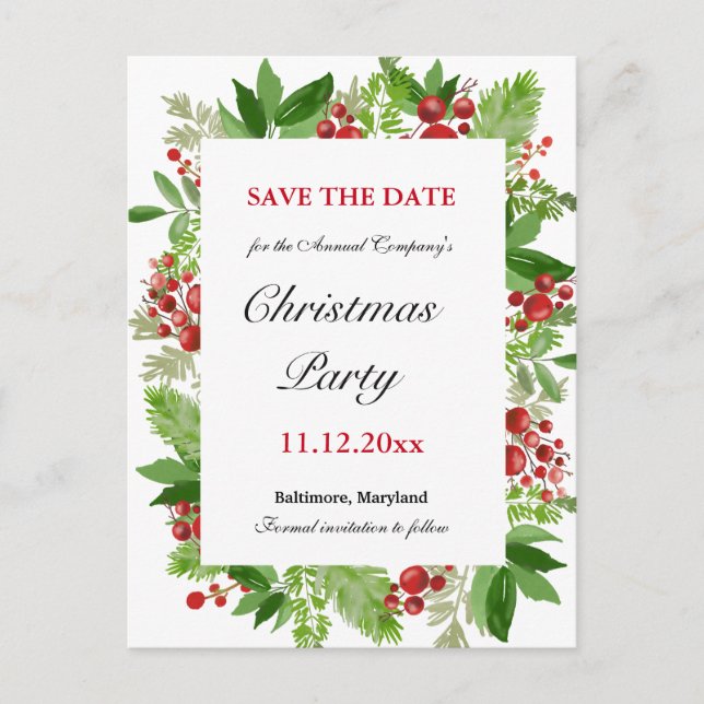 Holiday Holly Berry Christmas Party Save The Date  Announcement Postcard (Front)