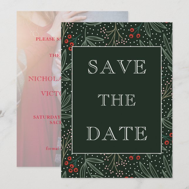 Holiday Holly Berry Greenery Faux Vellum Photo Save The Date (Front/Back)