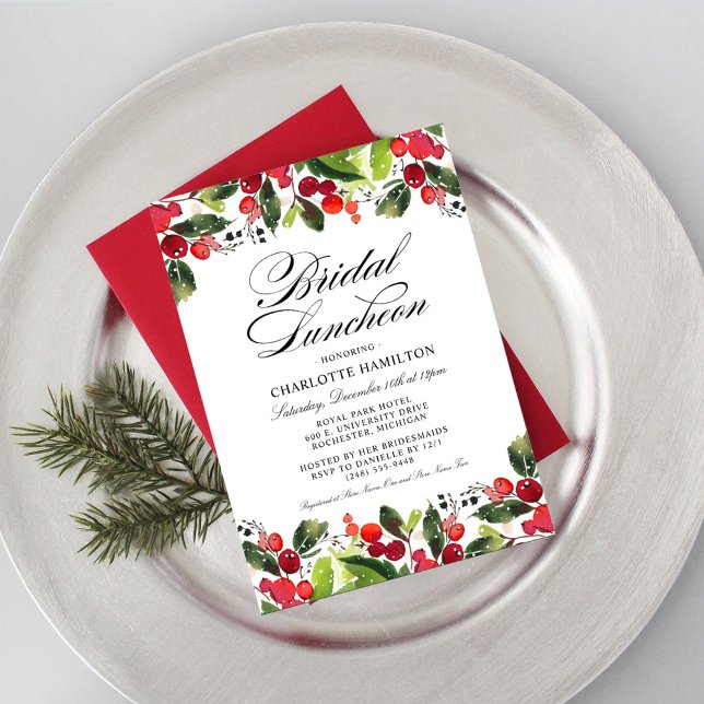 Holiday Holly Berry Wedding Bridal Luncheon Invitation (Creator Uploaded)