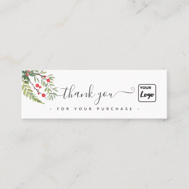 Holiday holly botanical custom logo thank you mini business card (Front)