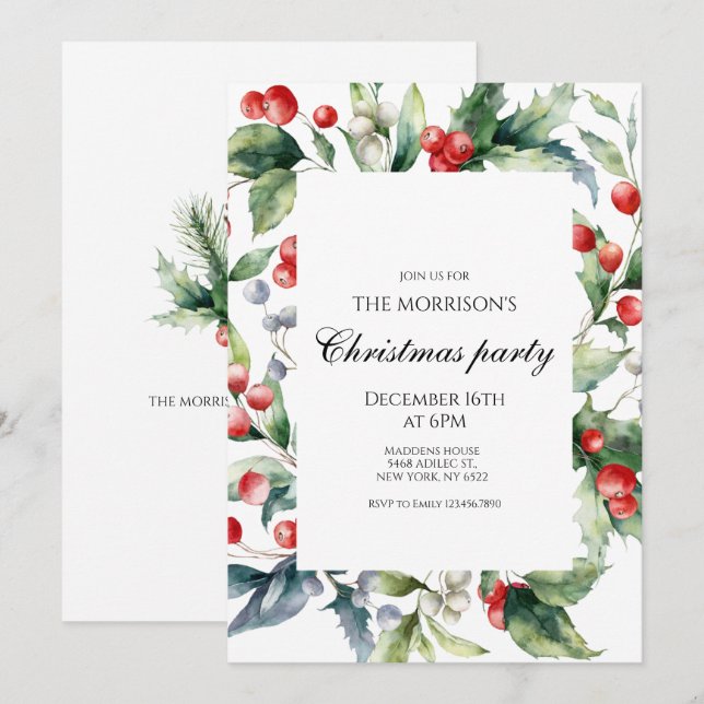 Holiday Holly Christmas Party Invitation (Front/Back)