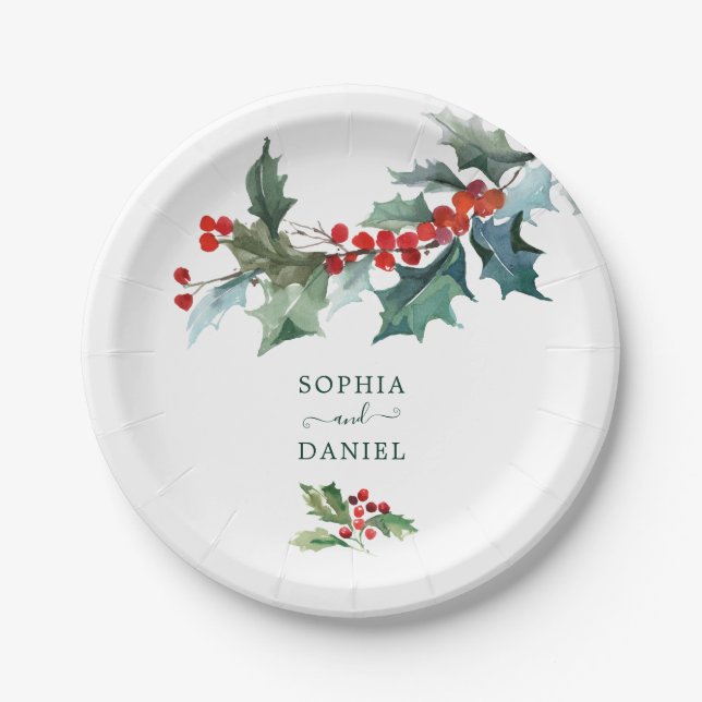 Holiday Holly Christmas Wedding Paper Plates (Front)