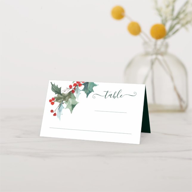 Holiday Holly Christmas Wedding Place Card (Front)