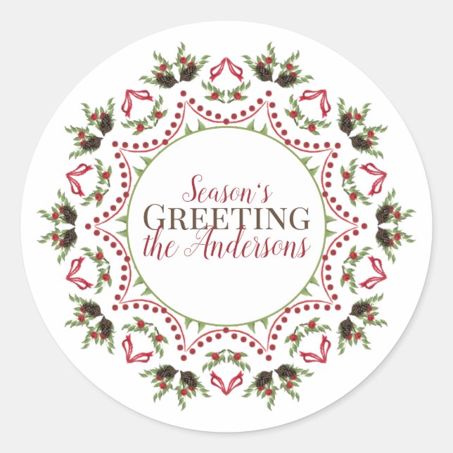 Holiday Holly Circle Mandala Christmas Elegant Classic Round Sticker (Front)