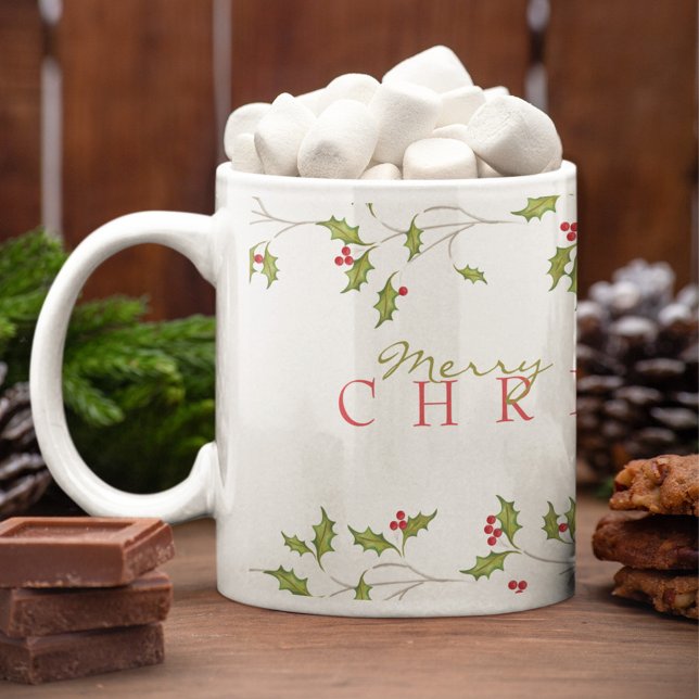 Holiday Holly Editable Mug (Merry Christmas Red Holly Coffee Mug)