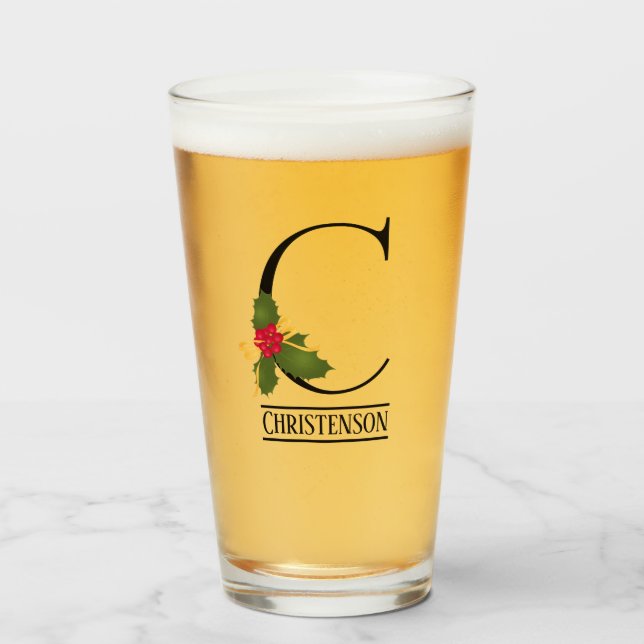 Holiday Holly Monogram C Personalised Beer Glass (Front Filled)