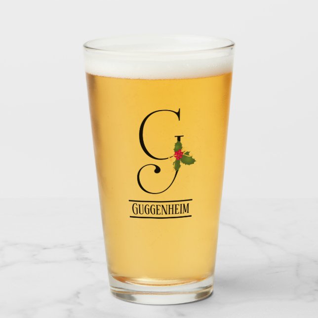Holiday Holly Monogram G Personalised Beer Glass (Front Filled)