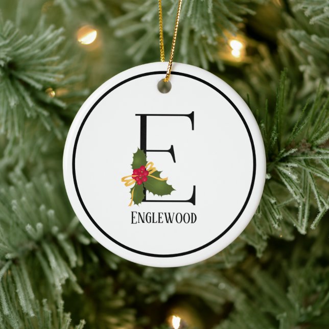 Holiday Holly Monogram Letter E Personalised Ceramic Tree Decoration (Tree)
