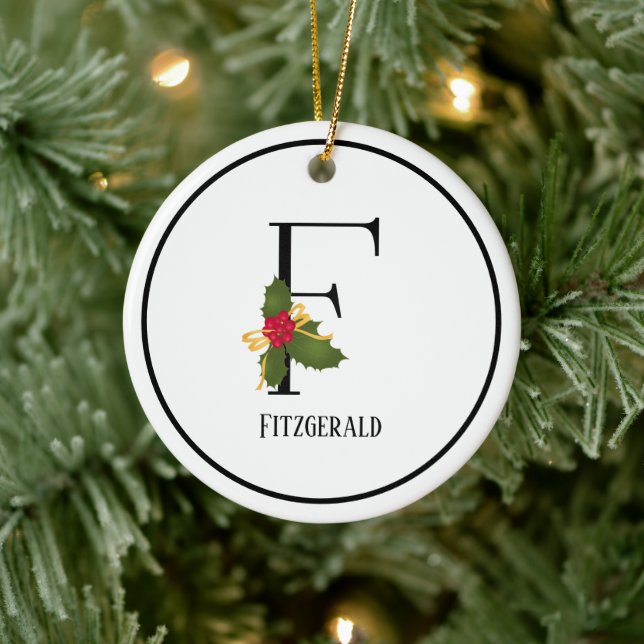 Holiday Holly Monogram Letter F Personalised Ceramic Tree Decoration (Tree)