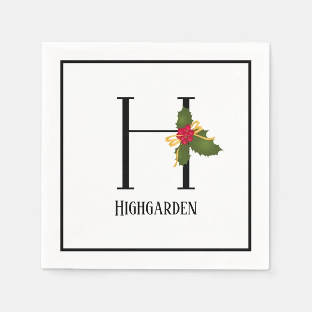 Holiday Holly Monogram Letter H Personalised Paper Napkin (Front)
