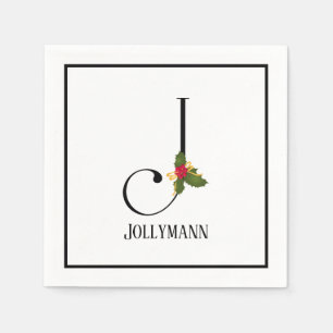 Holiday Holly Monogram Letter J Paper Napkin