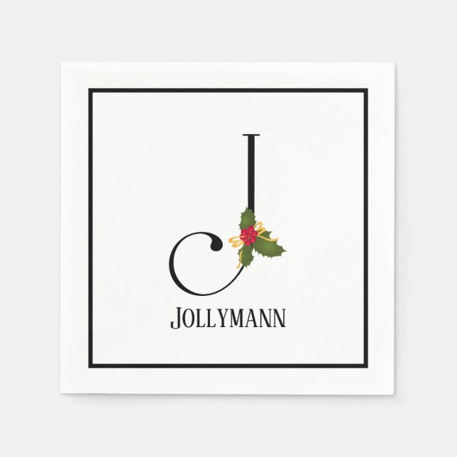 Holiday Holly Monogram Letter J Paper Napkin (Front)