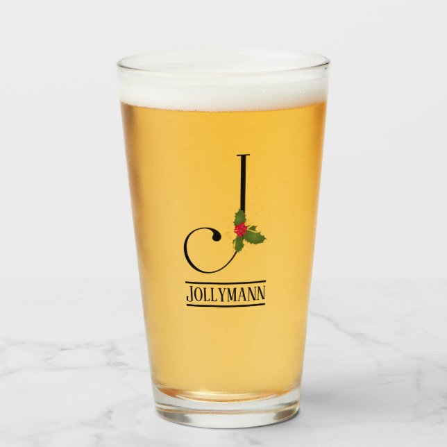 Holiday Holly Monogram Letter J Personalised Beer Glass (Front Filled)
