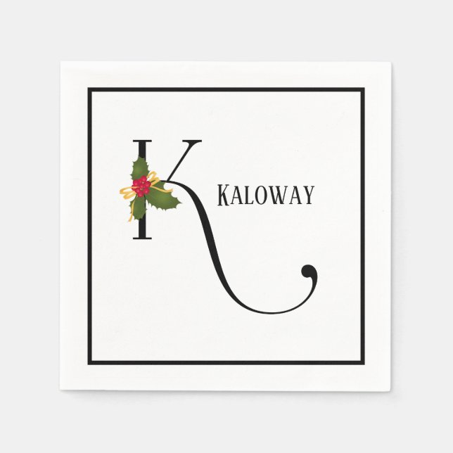 Holiday Holly Monogram Letter K Personalised Paper Napkin (Front)