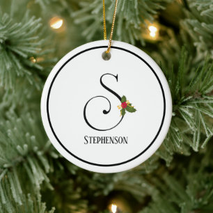 Holiday Holly Monogram Letter S Personalised Ceramic Tree Decoration