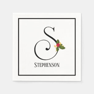 Holiday Holly Monogram Letter S Personalised Paper Napkin