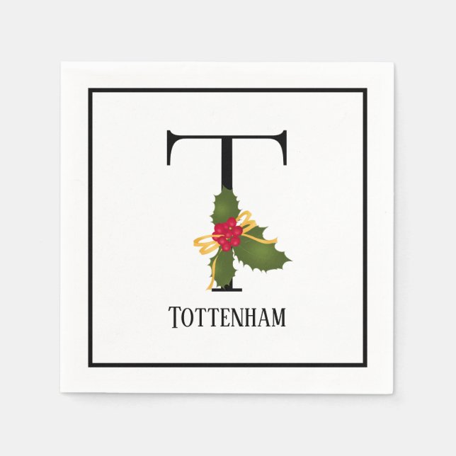 Holiday Holly Monogram Letter T Personalised Paper Napkin (Front)